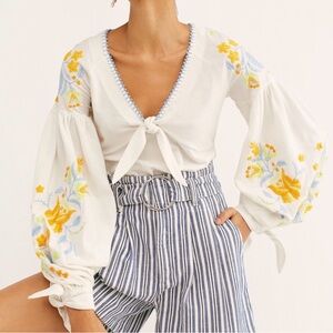 Free People Kara Embroidered White Blouse with Floral Accents